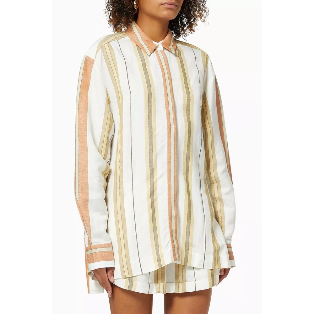 Shona Joy Women Suzana Linen Button Front Tunic Shirt Medium Striped Resort